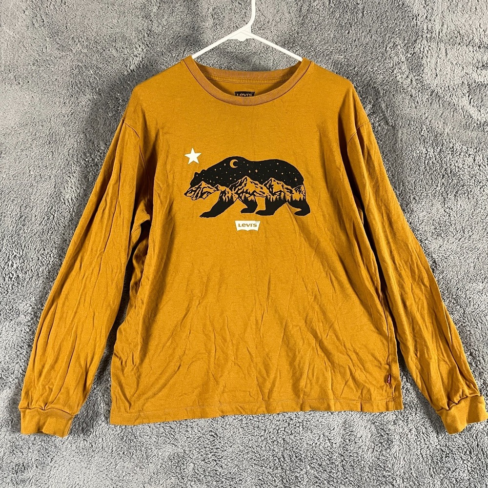 Levi's T-Shirt Mens L Yellow Long Sleeve Bear Mountains Night Star Graphic Tee